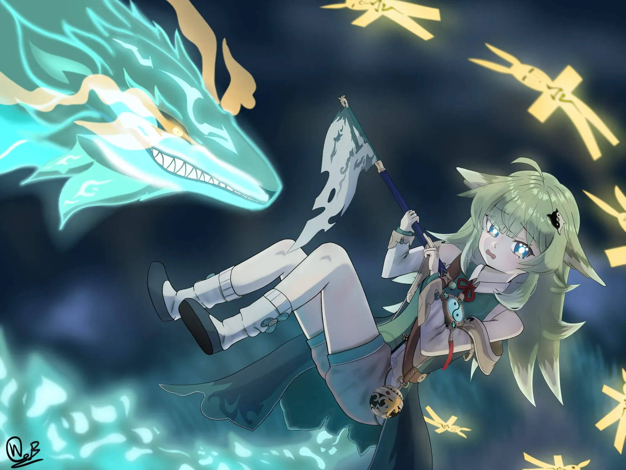 A green-haired character holding a flag beneath a turquoise dragon and golden birds