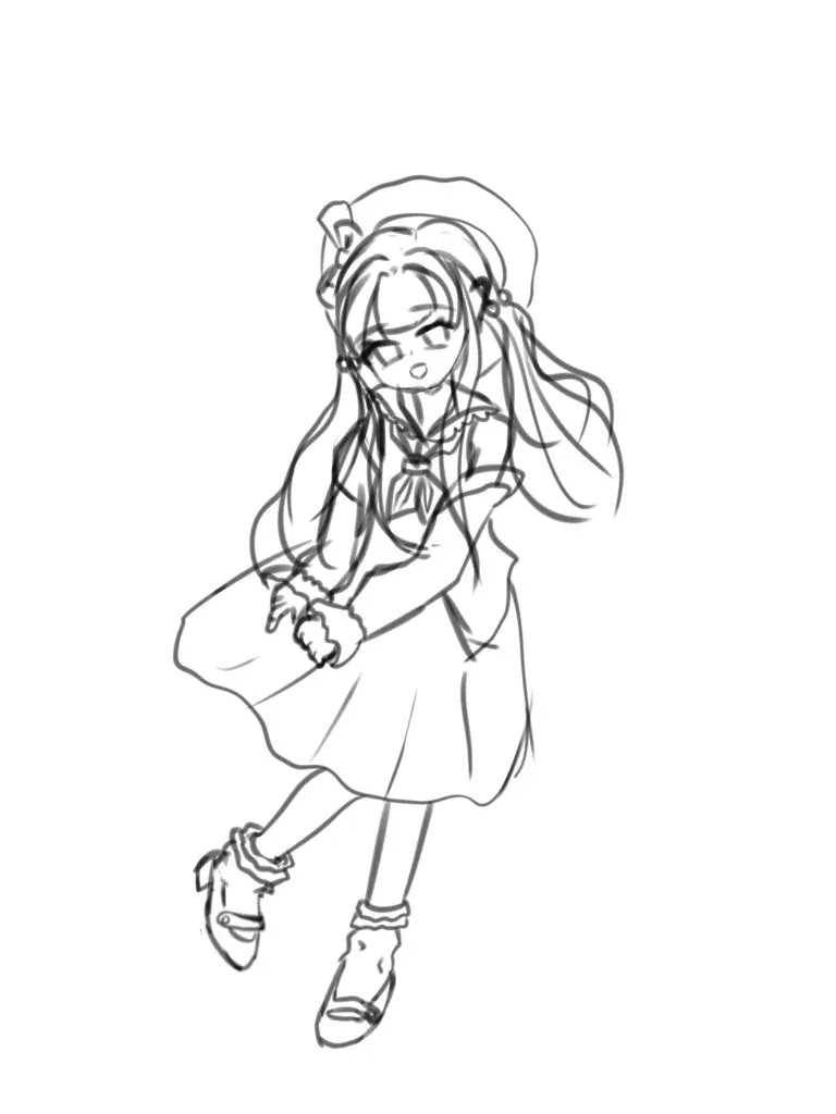 Line drawing of a seated long-haired character