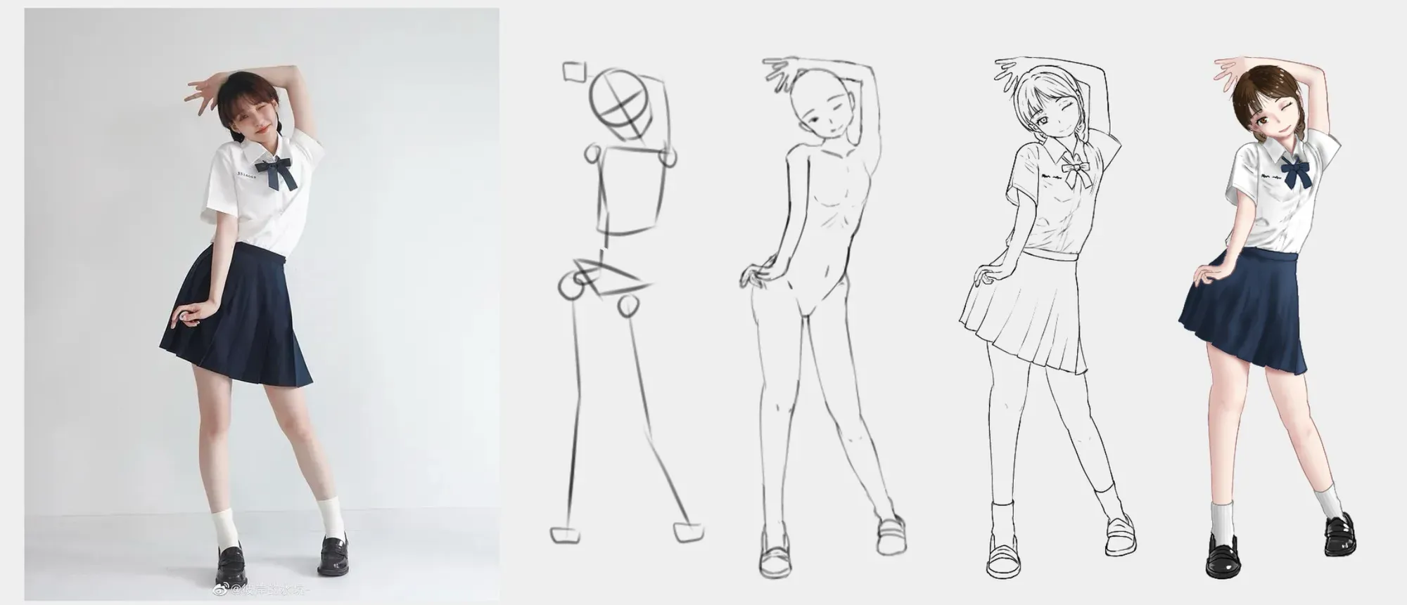 A school-uniform photo reference beside three figure studies and a colored drawing
