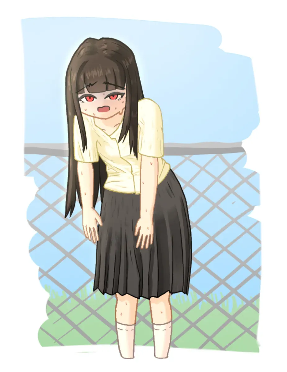 A dark-haired girl in a yellow shirt leaning forward beside a fence
