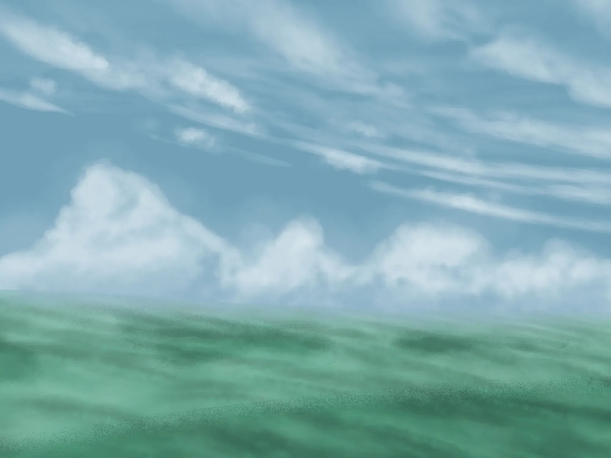 Clouds above a green field, painted with soft brush strokes