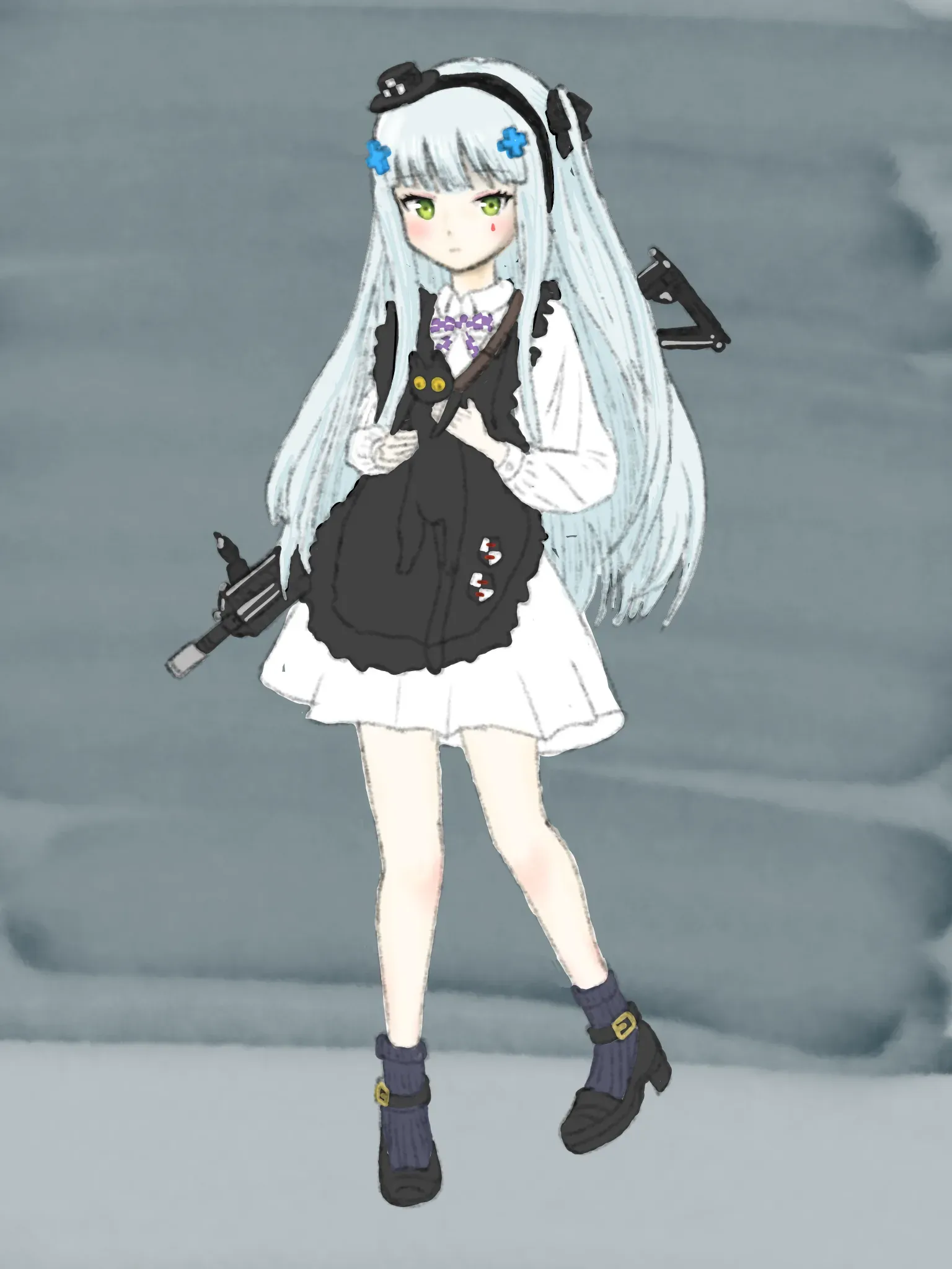 A silver-haired character in a black dress against a gray painted background