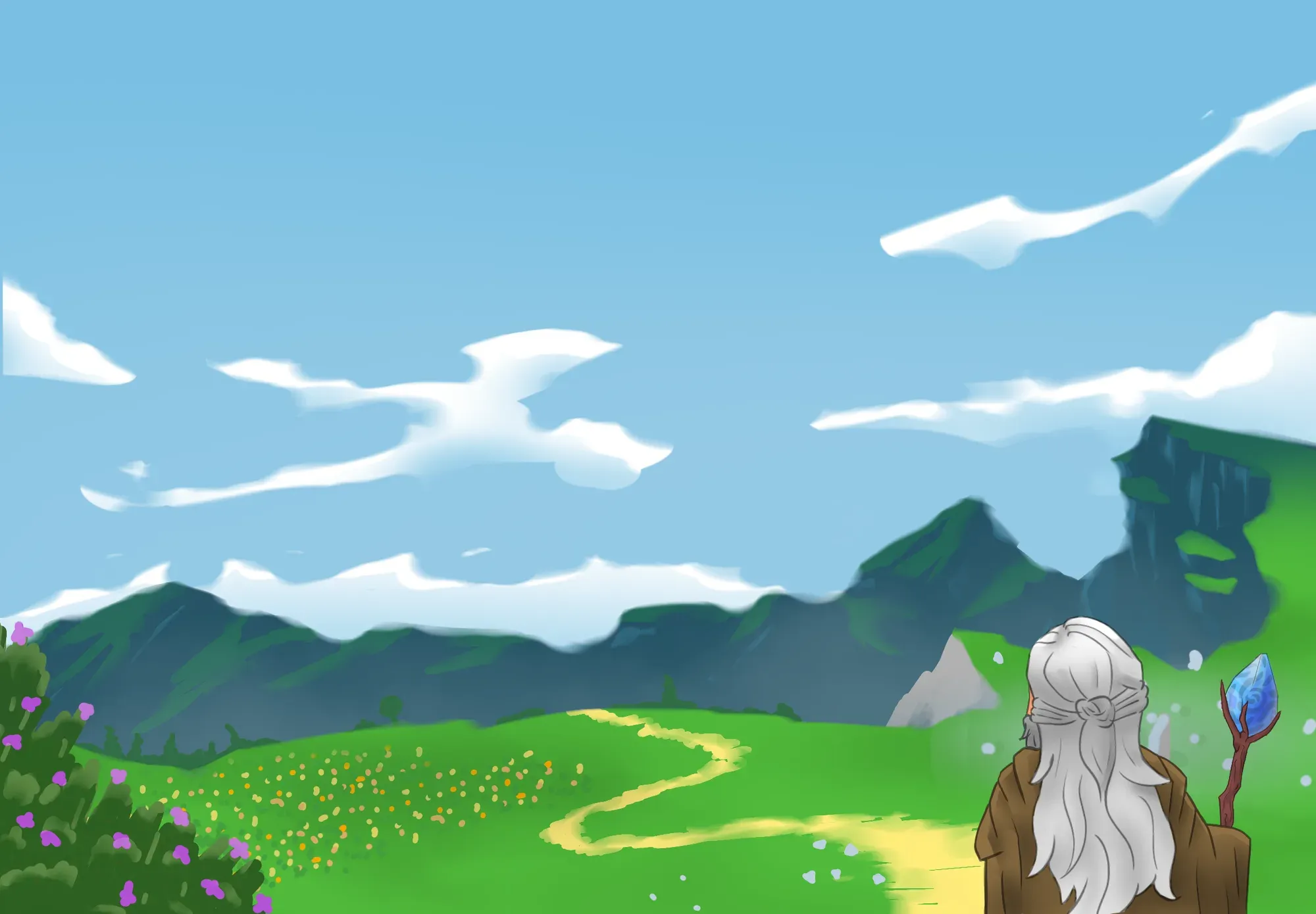 A figure facing a green valley beneath a bright blue sky