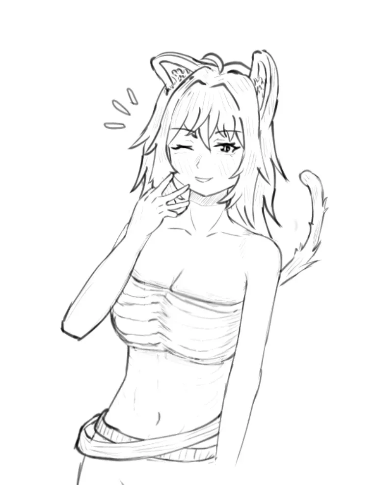 A line drawing of a cat-eared girl holding a phone