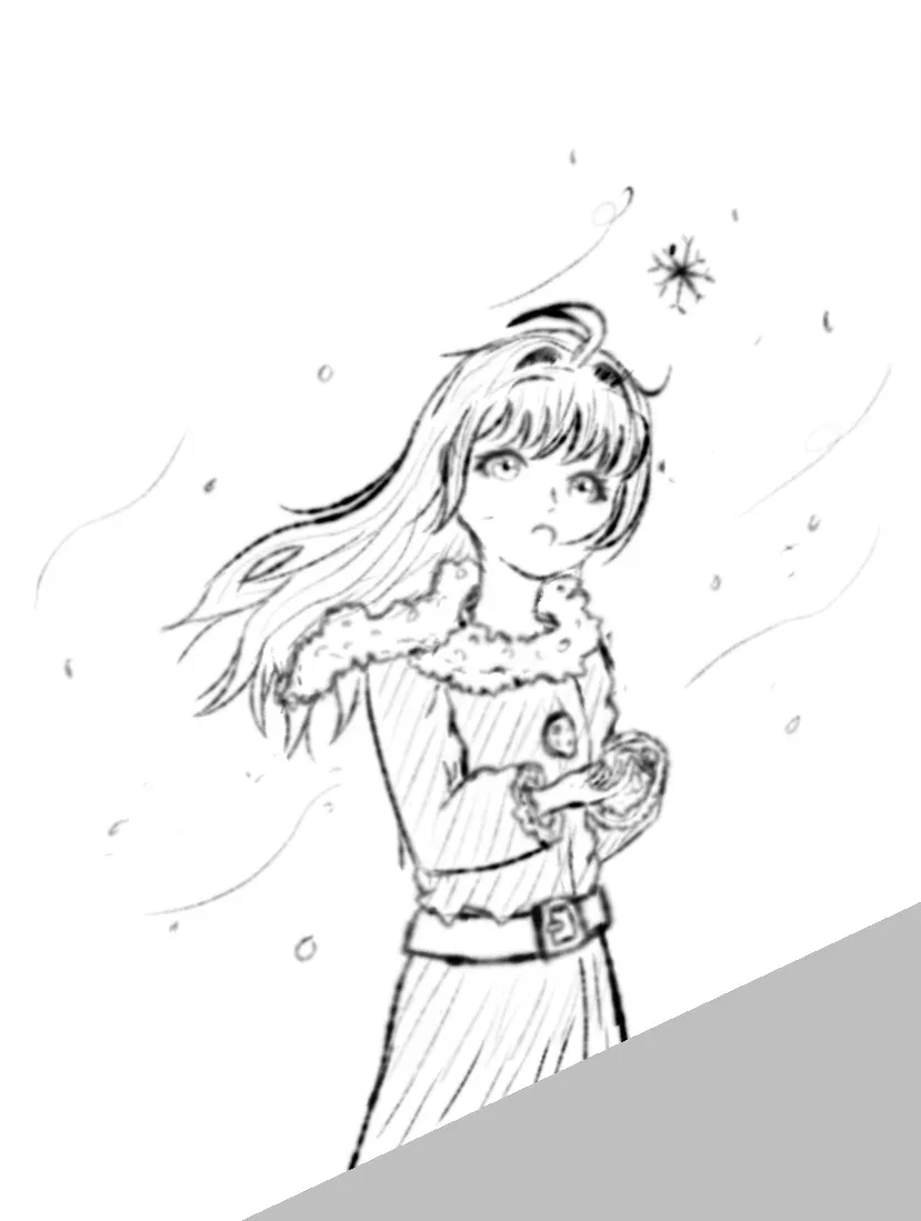 Line drawing of a long-haired girl with petals in the air