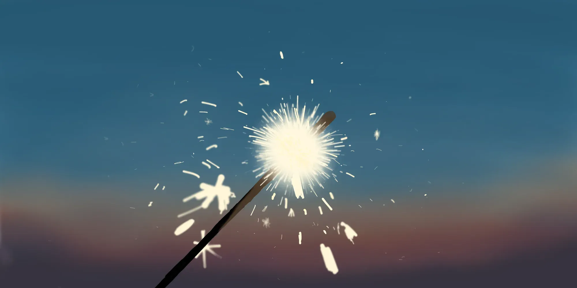 A bright sparkler against a blue and pink evening sky