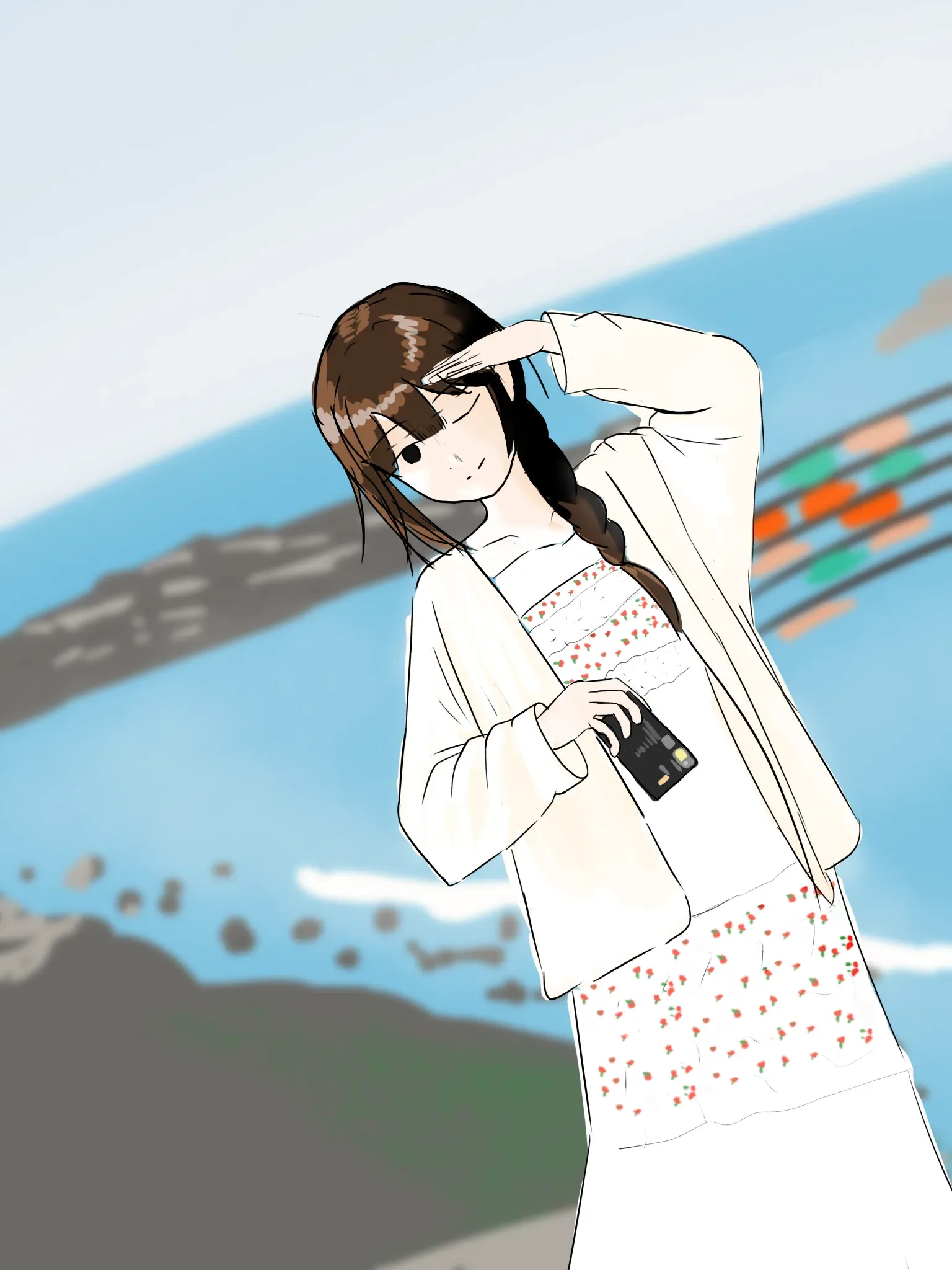 A girl holding a camera, with a blue sky and railing behind her