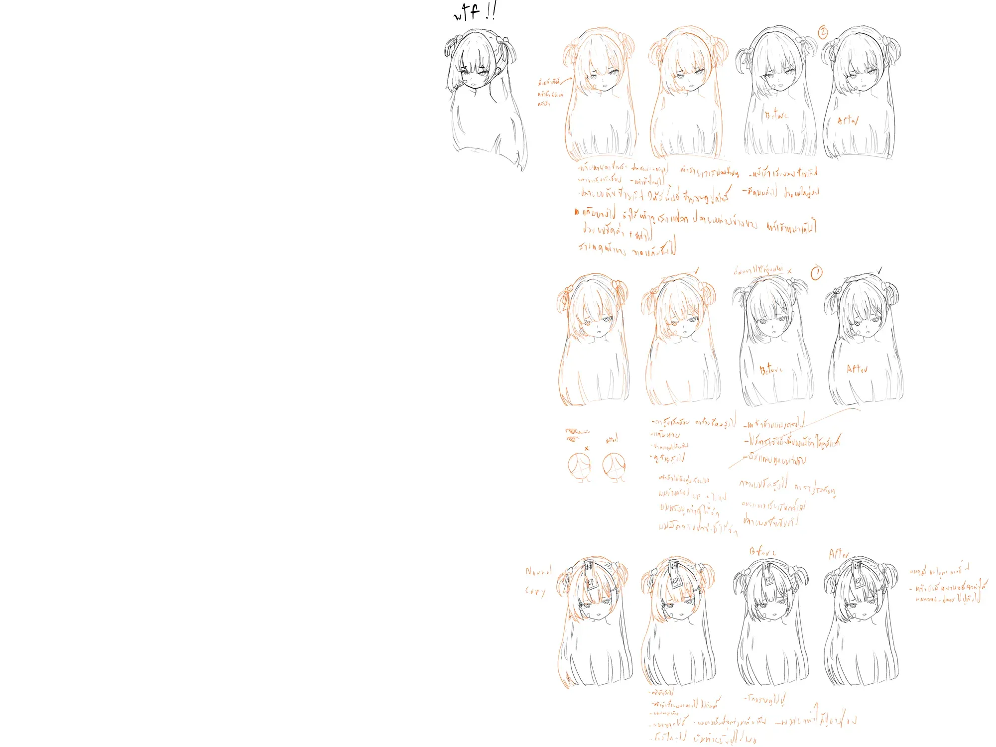 A page of head studies with orange handwritten notes