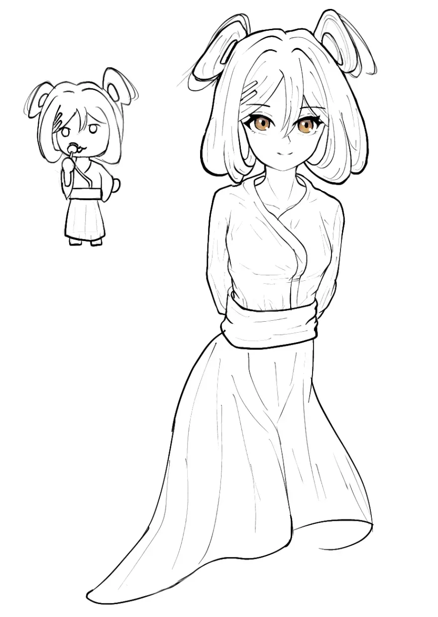 A line drawing of a girl with bunny ears beside a small character sketch