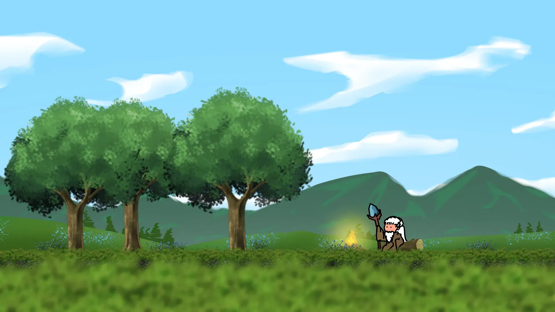 A small character in a sunlit landscape with a tree and distant hills