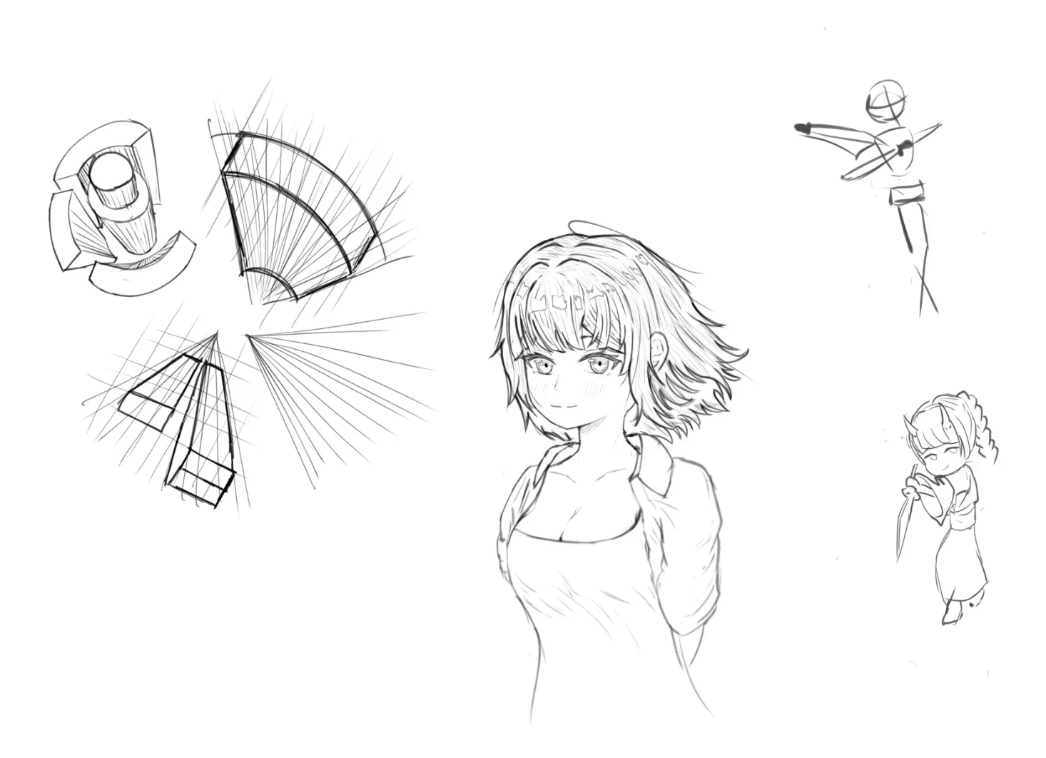 A page of perspective exercises, objects and character sketches