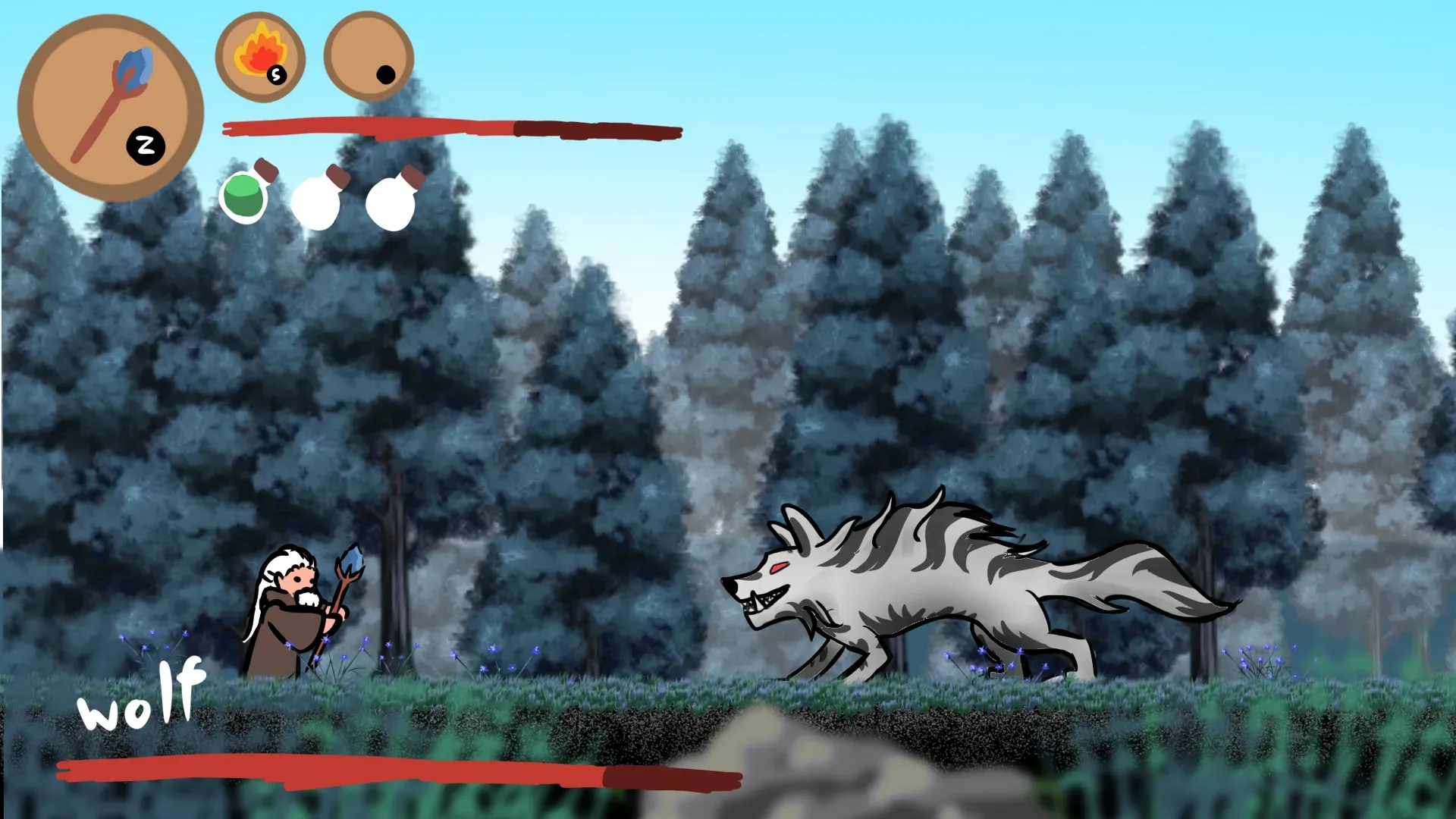 A painted game scene with a small character, a wolf and interface sketches