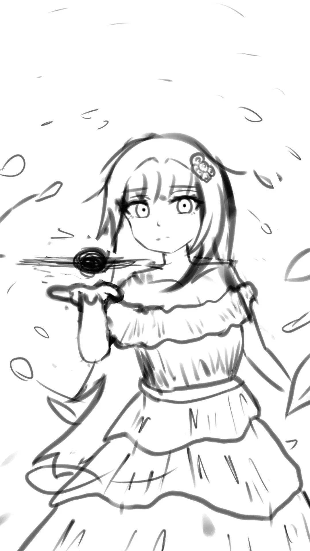 A close line drawing of a girl holding a spoon near her face