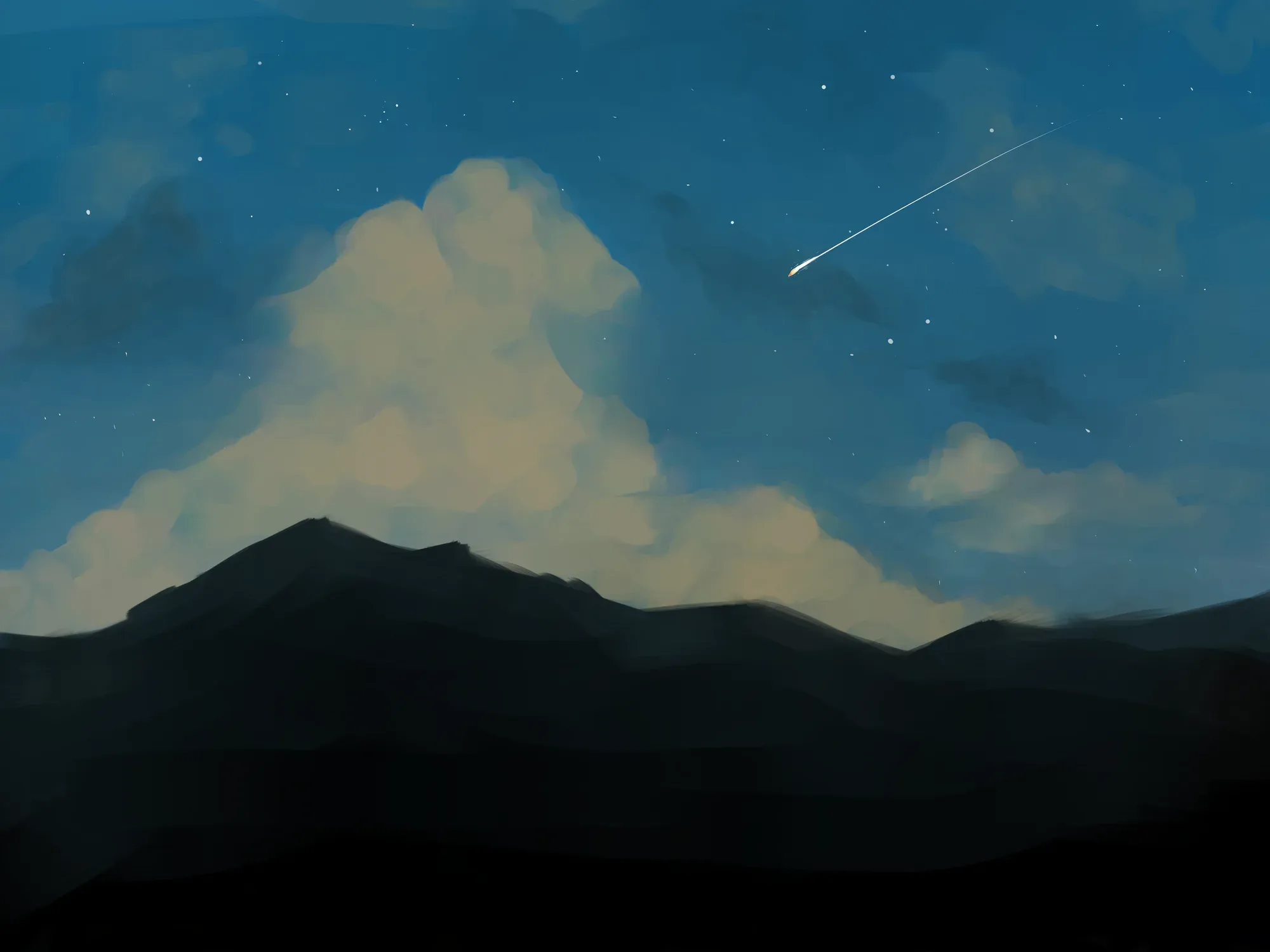 A shooting star above dark hills and tall clouds at dusk