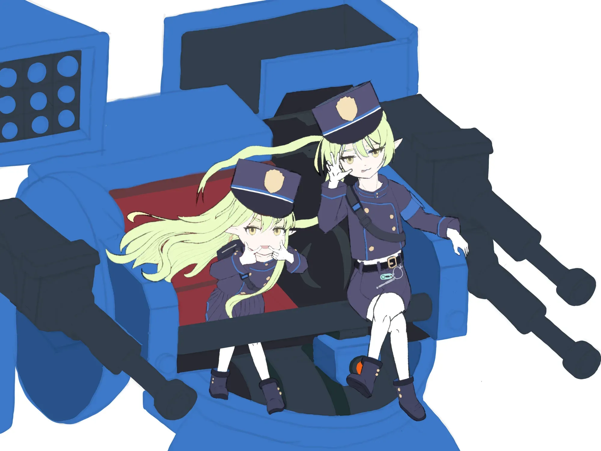 Two characters seated on a large blue mechanical turret