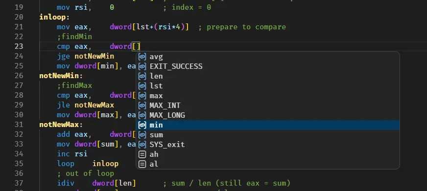 Autocomplete in VS Code inside an assembly file