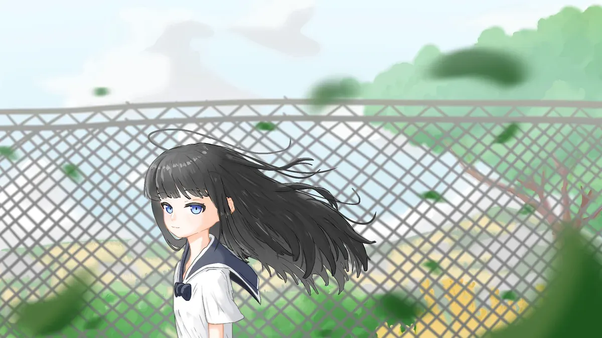 A girl in a sailor uniform by a wire fence, hair blowing in the wind