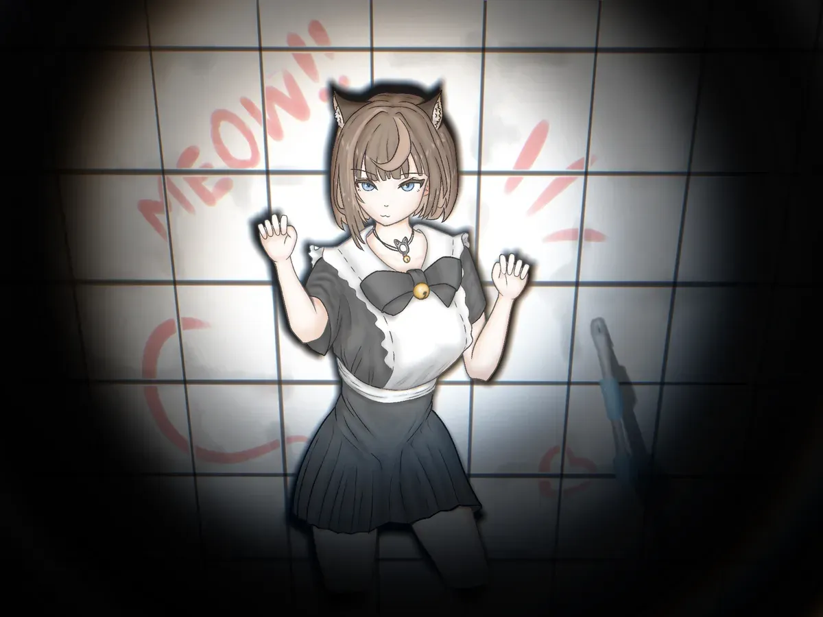 A girl with cat ears in a flashlight beam, MEOW!! on the wall