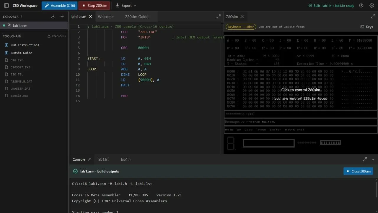The built-in lab1.asm sample in Z80 Workspace: source and console beside Z80sim, which reports Program halted after running from 8000h